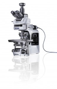 mirrored, white background, Automated fluorescence microscope, Ultrasonic motorised stage, touch panel, UIS2 optical system, ergonomics, digital camera, old asset name:BX63_001_V1_20100730_309.psd